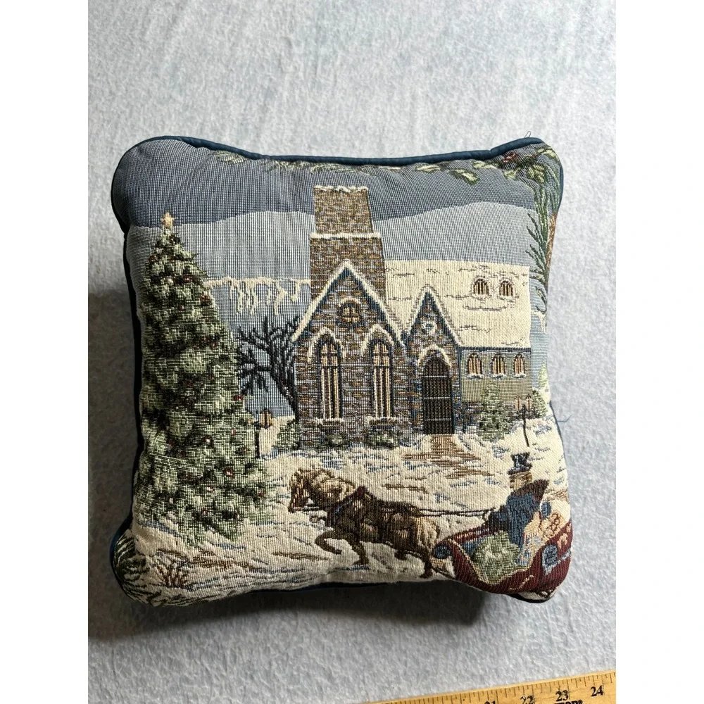 Tapestry Christmas Pillow Winter Scene‎ Church Horse Sleigh Decorative accent